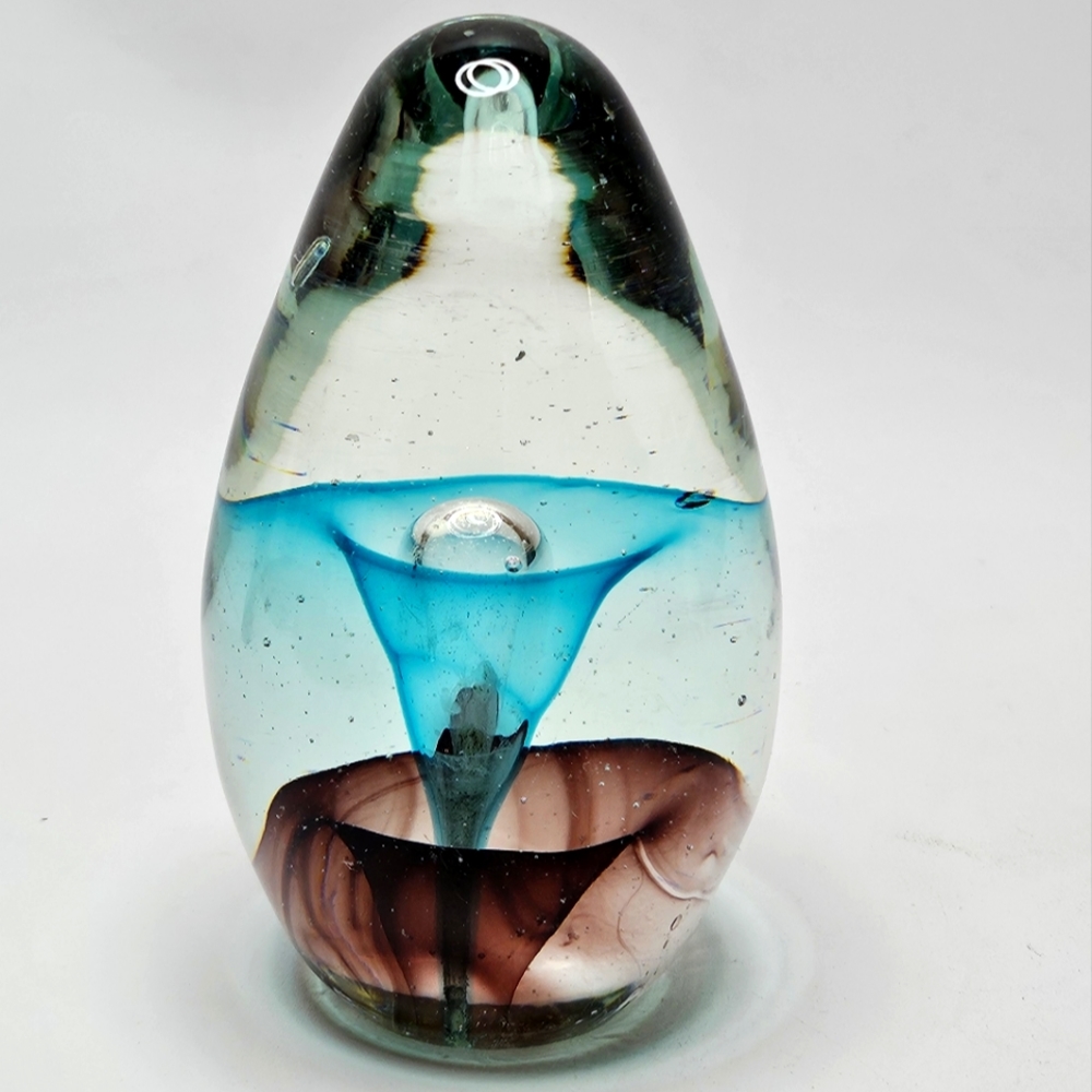 Egg Shaped Paperweight Large Bulicante Trumpet Lily Shape Inside Blue Teal Brown